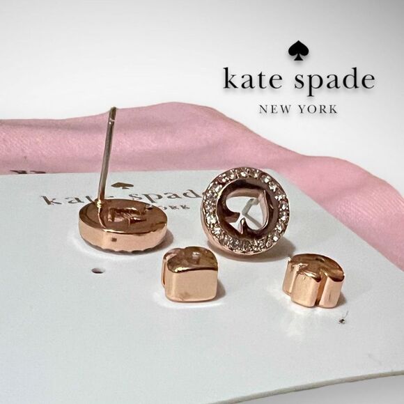 New ♠️ Kate Spade Rose Gold ‘Spot the Spade’ Pavè Halo Spade Studs Post Earrings - Picture 5 of 12